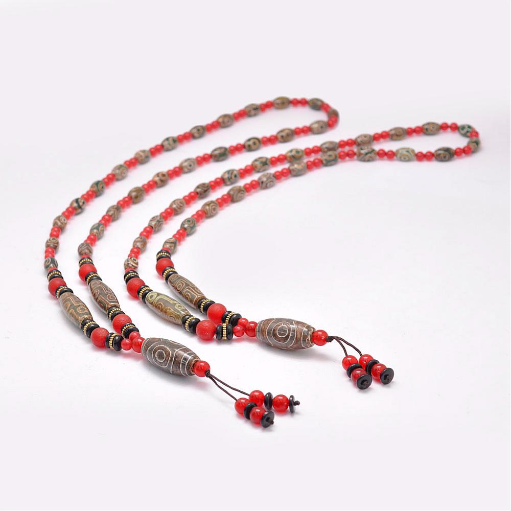 PandaHall Buddhist Jewelry Natural Tibetan Agate Beaded Necklaces, with Acrylic Beads, Coffee, 29.1"(74cm) Tibetan Agate Brown