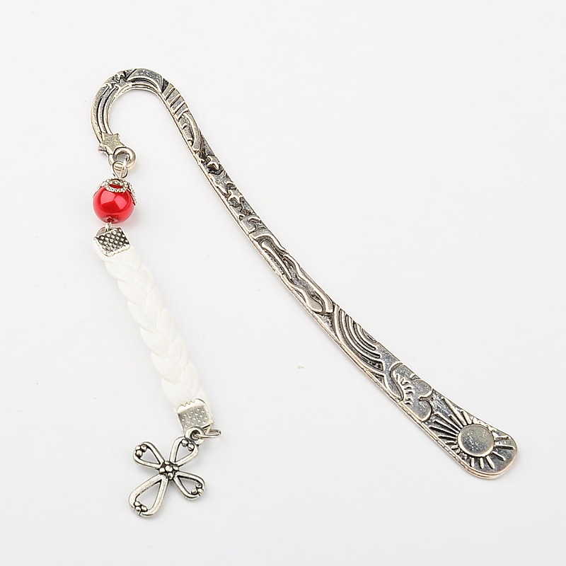 PandaHall Tibetan Style Bookmarks/Hairpins, with Glass Pearl Beads and Korean PU Cord, Cross, Crimson, 120mm Alloy Pink