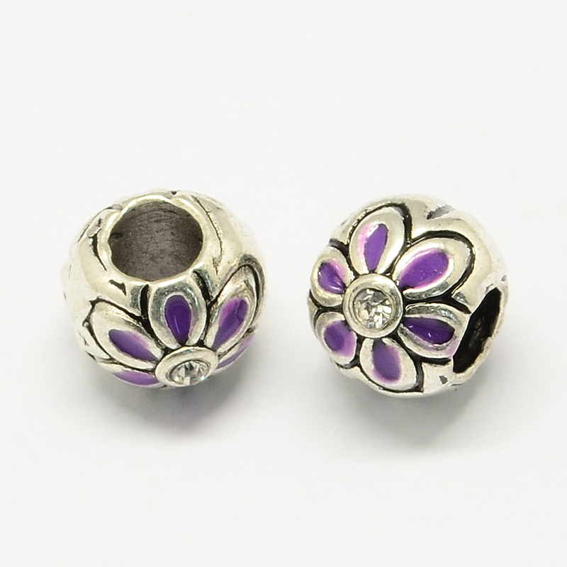 PandaHall Alloy Rhinestone Enamel Style European Beads, Large Hole Round Beads with Flower, DarkOrchid, 10x9mm, Hole: 4.5mm Alloy... PandaHall Alloy Rhinestone Enamel Style European Beads, Large Hole Round Beads with Flower, DarkOrchid, 10x9mm, Hole: 4.5mm Alloy...