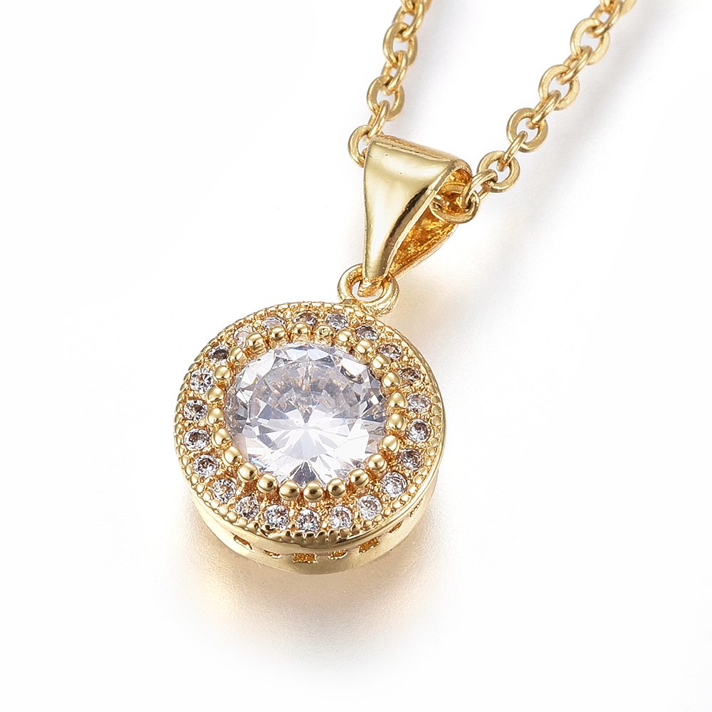 PandaHall 304 Stainless Steel Pendant Necklaces, with Cubic Zirconia, Clear, Flat Round, Golden, 17.71 PandaHall 304 Stainless Steel Pendant Necklaces, with Cubic Zirconia, Clear, Flat Round, Golden, 17.71