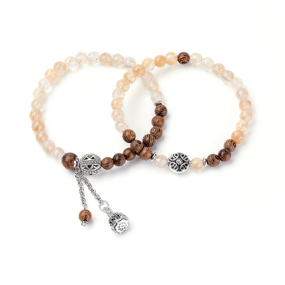 PandaHall Watermelon Stone Glass Beads Stretch Bracelets, with Wood Beads, Tibetan Style Alloy Beads and Brass Pendants, 2-1/8 PandaHall Watermelon Stone Glass Beads Stretch Bracelets, with Wood Beads, Tibetan Style Alloy Beads and Brass Pendants, 2-1/8