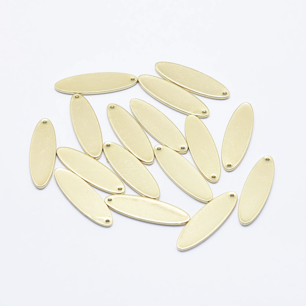 PandaHall Electroplated Brass Pendant, Long-Lasting Plated, Real 18K Gold Plated, Nickel Free, Oval, 27x8x1mm, Hole: 1mm Brass Oval PandaHall Electroplated Brass Pendant, Long-Lasting Plated, Real 18K Gold Plated, Nickel Free, Oval, 27x8x1mm, Hole: 1mm Brass Oval