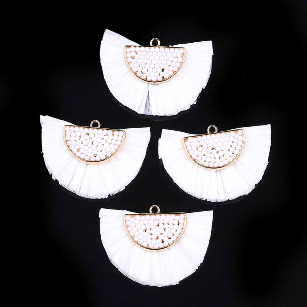 PandaHall Raffia Tassel Pendants, with Mirco Beads & Alloy Findings, Fan Shaped, Golden, White, 31~33x47x7~8mm, Hole: 2mm Raffia White PandaHall Raffia Tassel Pendants, with Mirco Beads & Alloy Findings, Fan Shaped, Golden, White, 31~33x47x7~8mm, Hole: 2mm Raffia White