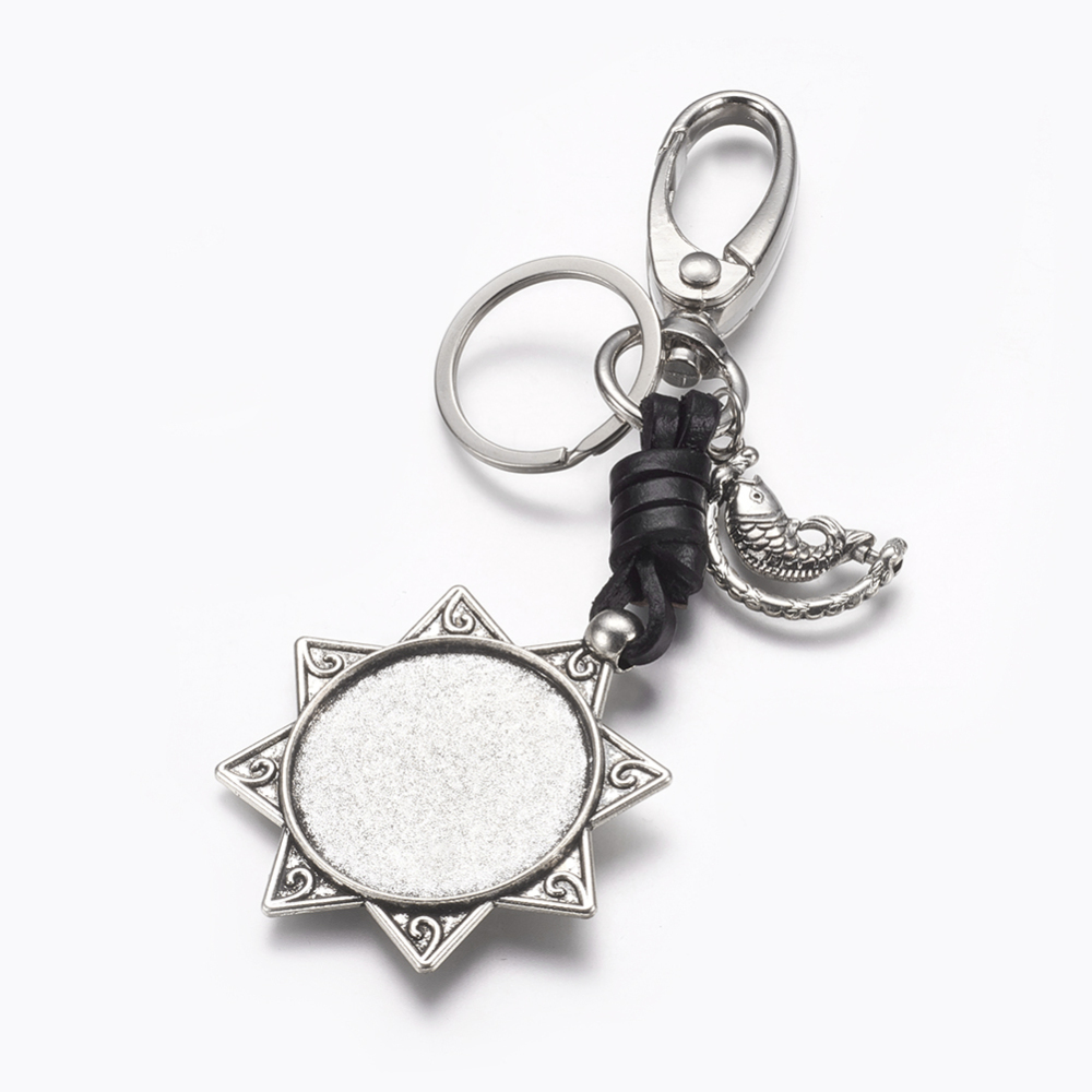 PandaHall Alloy Cabochon Settings Key Chains, with Swivel Clasps, Alloy Rotatable Fish Pendants & Iron Rings, Sun, Antique Silver, Tray...