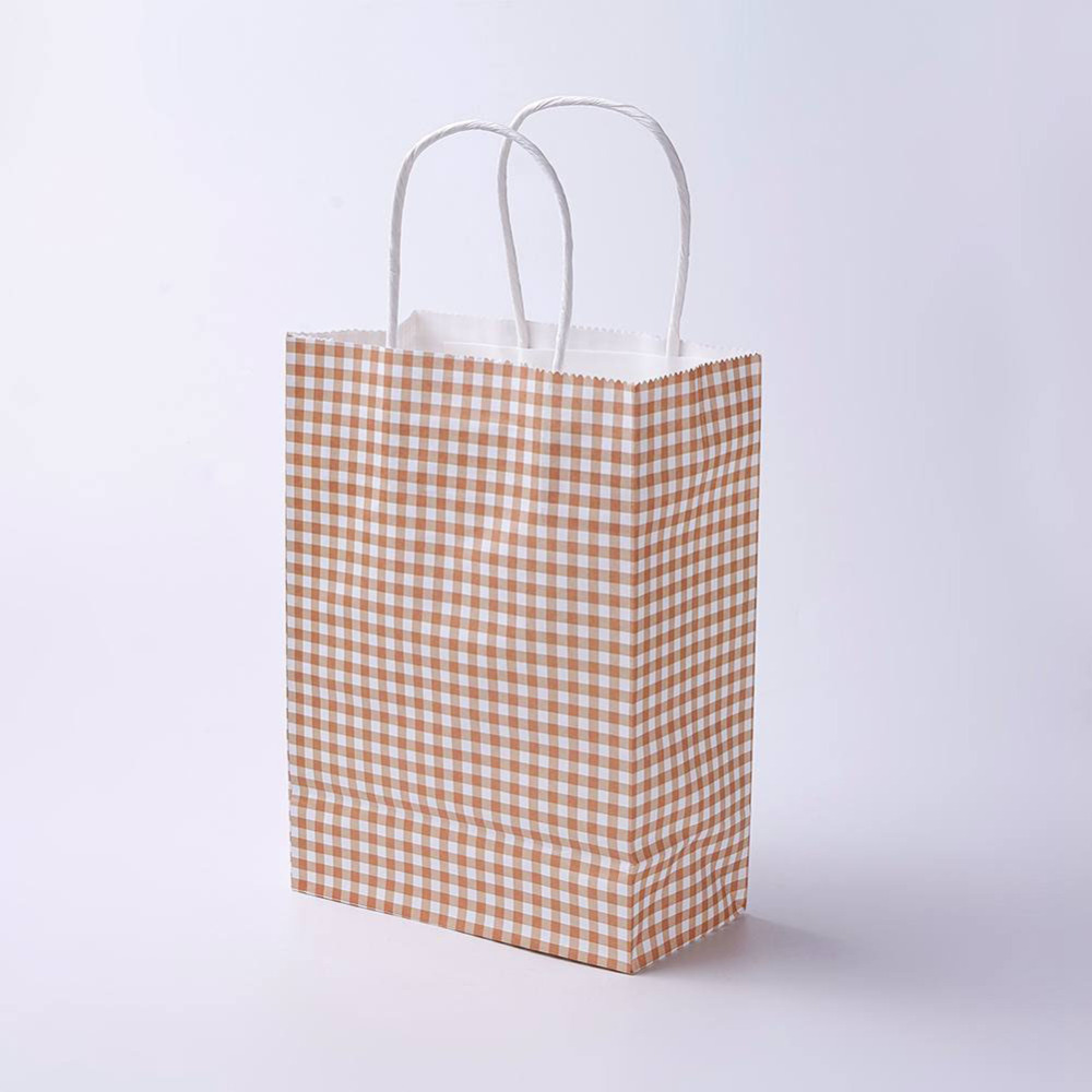 PandaHall kraft Paper Pouches Gift Shopping Bags, Rectangle with Tartan Pattern, DarkSalmon, 27x21x10cm Paper Red