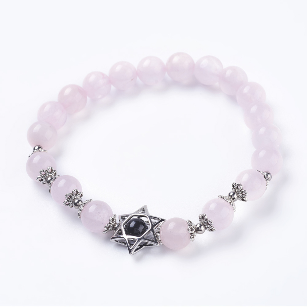 PandaHall Natural Rose Quartz and Natural Black Agate Beads Stretch Bracelets, with Brass Findings, Star of David, 55mm Rose Quartz PandaHall Natural Rose Quartz and Natural Black Agate Beads Stretch Bracelets, with Brass Findings, Star of David, 55mm Rose Quartz