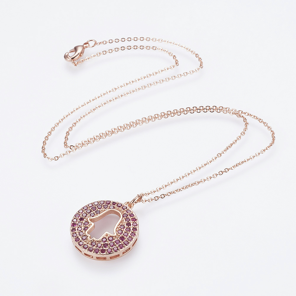 PandaHall Brass Micro Pave Cubic Zirconia Pendant Necklaces, with Brass Cable Chains, Real Rose Gold Plated, Flat Round with Hamsa Hand/Hand... PandaHall Brass Micro Pave Cubic Zirconia Pendant Necklaces, with Brass Cable Chains, Real Rose Gold Plated, Flat Round with Hamsa Hand/Hand...