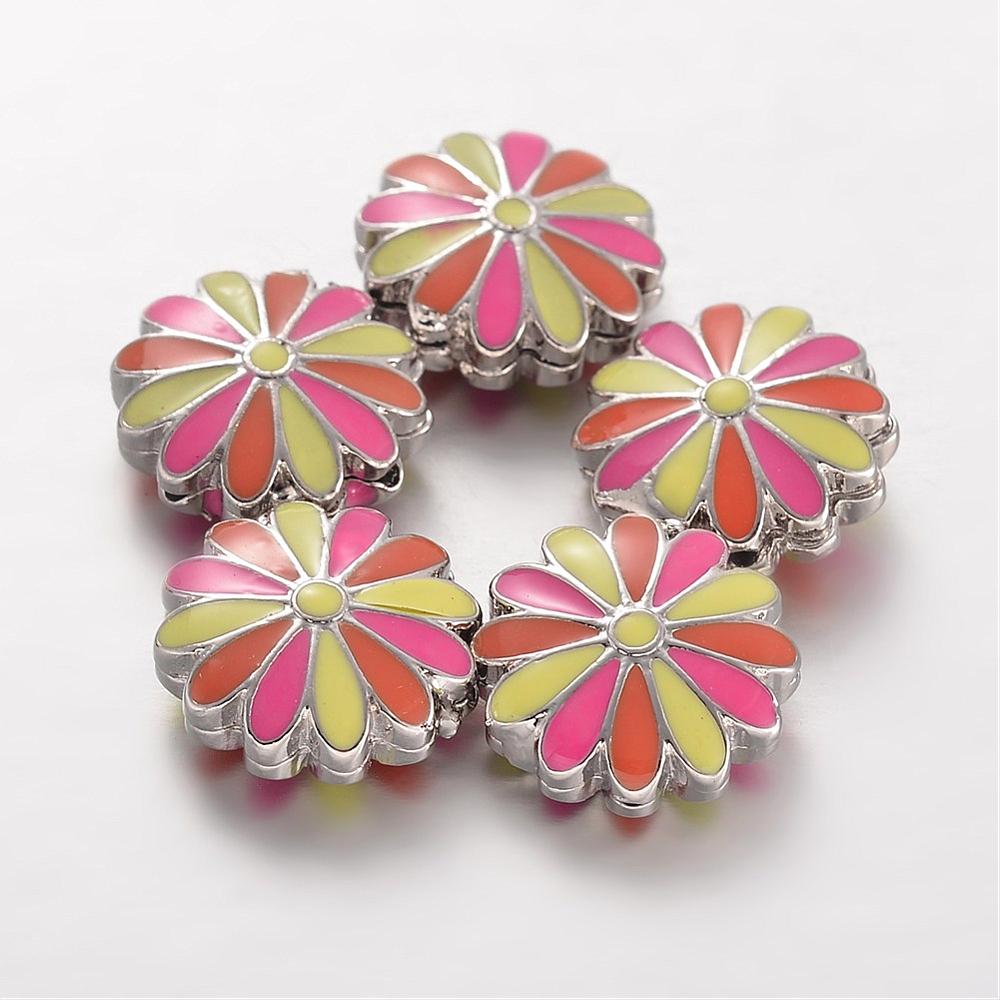 PandaHall Alloy Enamel 3-Hole Guru Beads, T-Drilled Beads, Flower, Platinum, 18x7.5mm, Hole: 1mm Alloy Flower