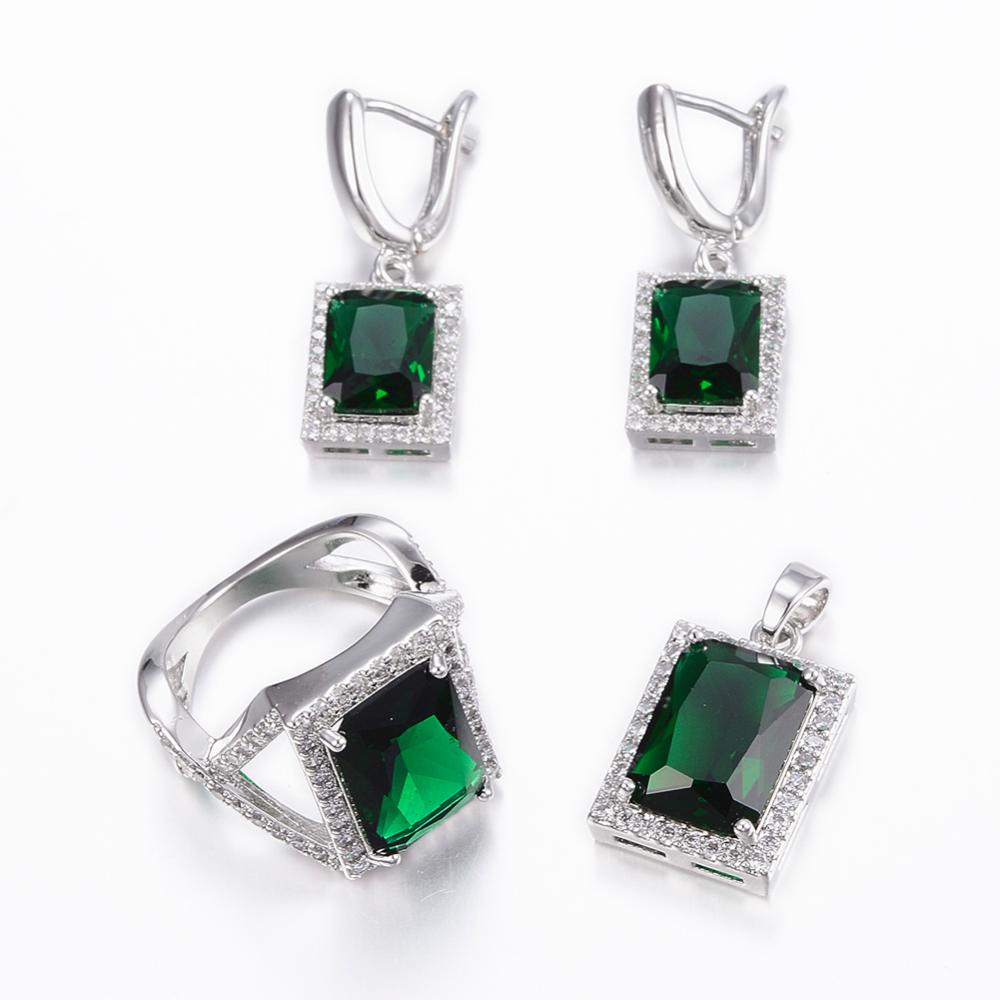 PandaHall Brass Micro Pave Cubic Zirconia Jewelry Sets, Pendants & Hoop Earrings & Finger Rings, Rectangle, Platinum, DarkGreen, Size 10...