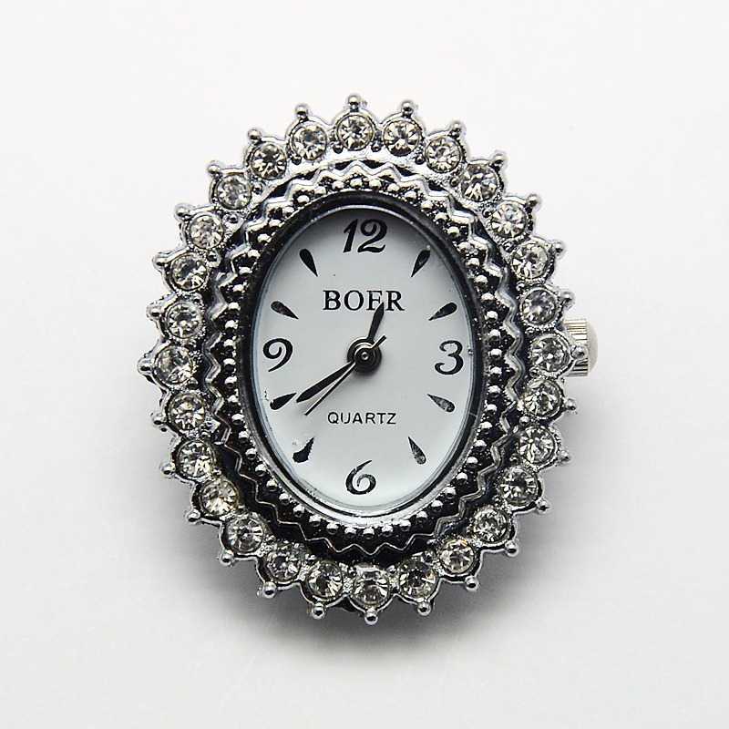PandaHall Alloy Rhinestone Watch Heads Oval Watch Faces, Platinum, 32x27x8mm, Hole: 1mm Alloy Oval