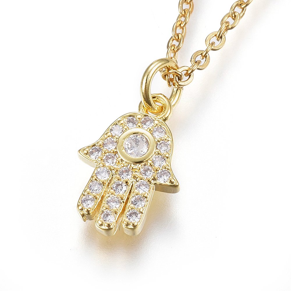 PandaHall 304 Stainless Steel Pendant Necklaces, with Cubic Zirconia, Hamsa Hand, Clear, Golden, 17.71 PandaHall 304 Stainless Steel Pendant Necklaces, with Cubic Zirconia, Hamsa Hand, Clear, Golden, 17.71