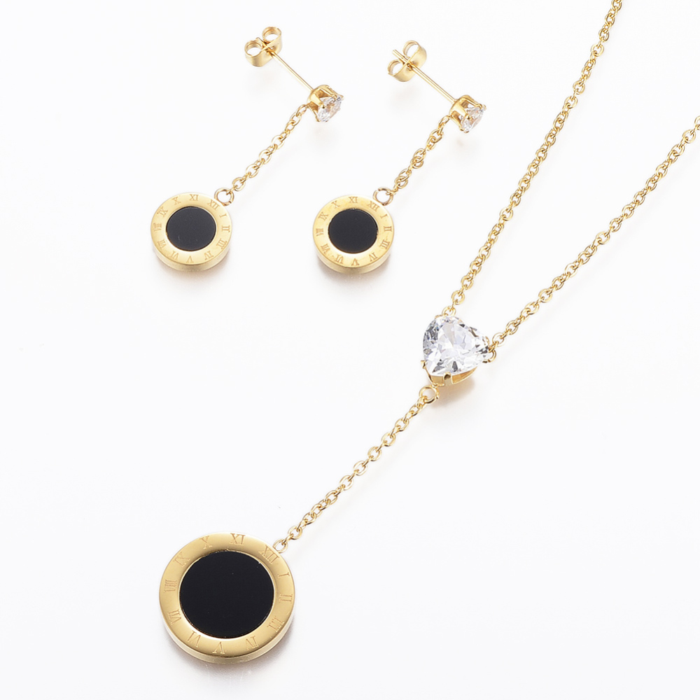 PandaHall 304 Stainless Steel Jewelry Sets, Pendant Necklace and Stud Earrings, with Cubic Zirconia and Enamel, Flat Round, Golden, 19.6 PandaHall 304 Stainless Steel Jewelry Sets, Pendant Necklace and Stud Earrings, with Cubic Zirconia and Enamel, Flat Round, Golden, 19.6