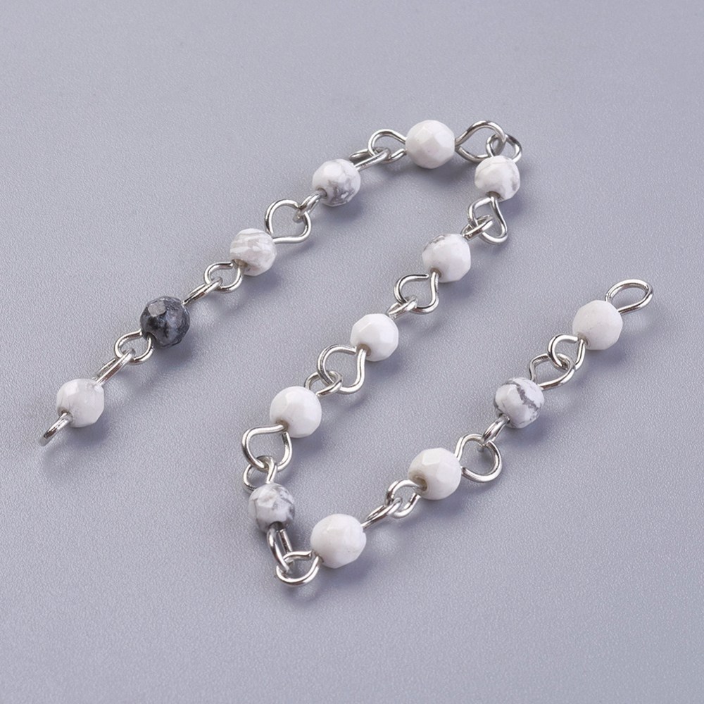 PandaHall Handmade Natural Howlite Beads Chains, Unwelded, with Iron Eye Pin, Round, Faceted, Platinum, 12~12.5x4~4.5mm, 1m/strand Howlite PandaHall Handmade Natural Howlite Beads Chains, Unwelded, with Iron Eye Pin, Round, Faceted, Platinum, 12~12.5x4~4.5mm, 1m/strand Howlite
