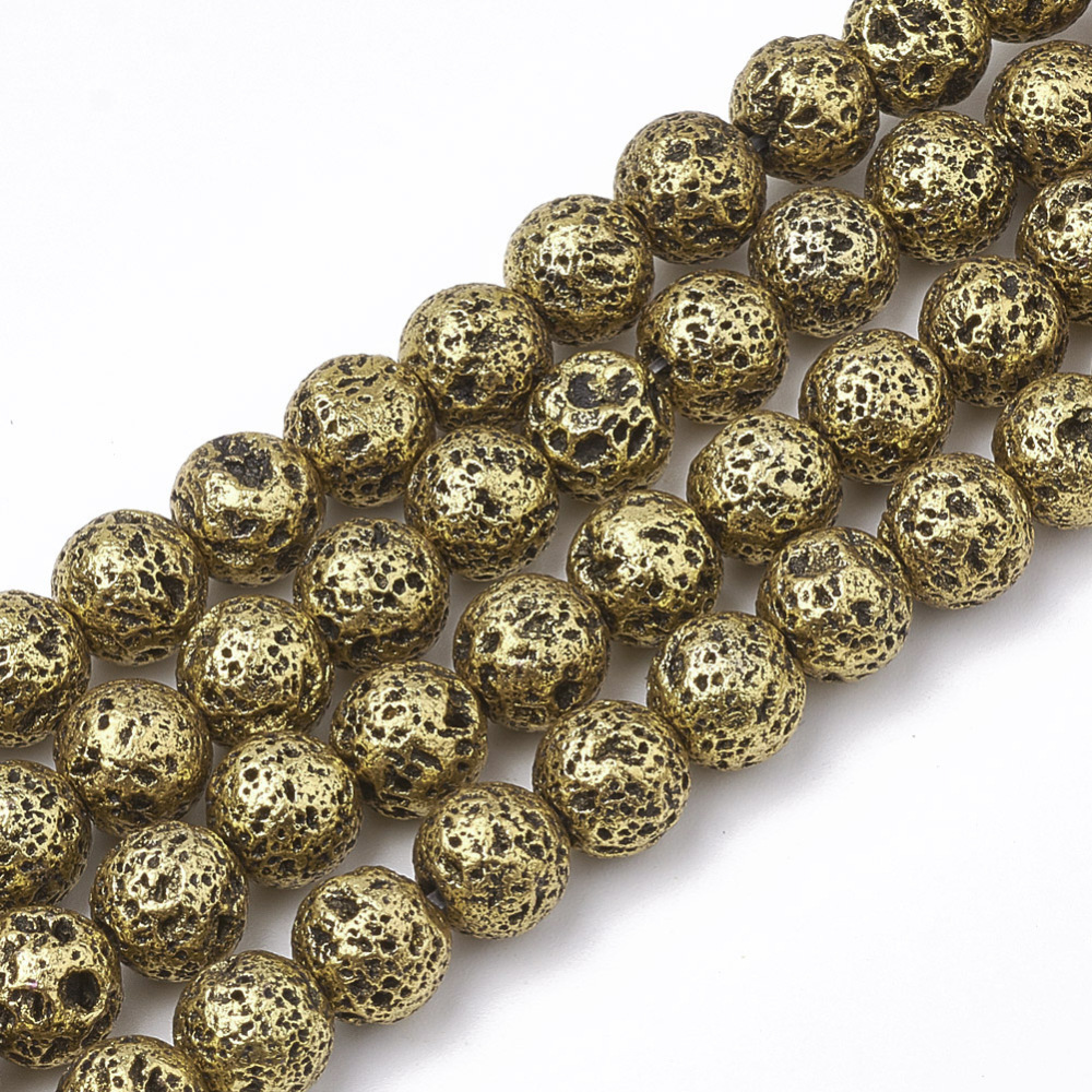 PandaHall Electroplated Natural Lava Beads Strands, Round, Bumpy, DarkGoldenrod, 6~6.5mm, Hole: 1mm; about 63pcs/strand, 15.5 PandaHall Electroplated Natural Lava Beads Strands, Round, Bumpy, DarkGoldenrod, 6~6.5mm, Hole: 1mm; about 63pcs/strand, 15.5