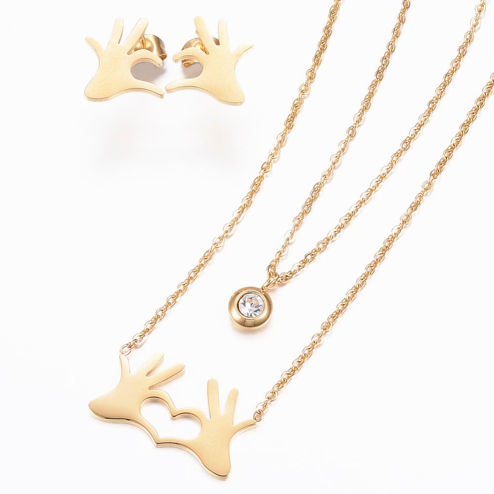 PandaHall 304 Stainless Steel Jewelry Sets, Stud Earrings and Tiered Necklaces, with Rhinestone, Palm, for Heart, Golden, 16.54 PandaHall 304 Stainless Steel Jewelry Sets, Stud Earrings and Tiered Necklaces, with Rhinestone, Palm, for Heart, Golden, 16.54