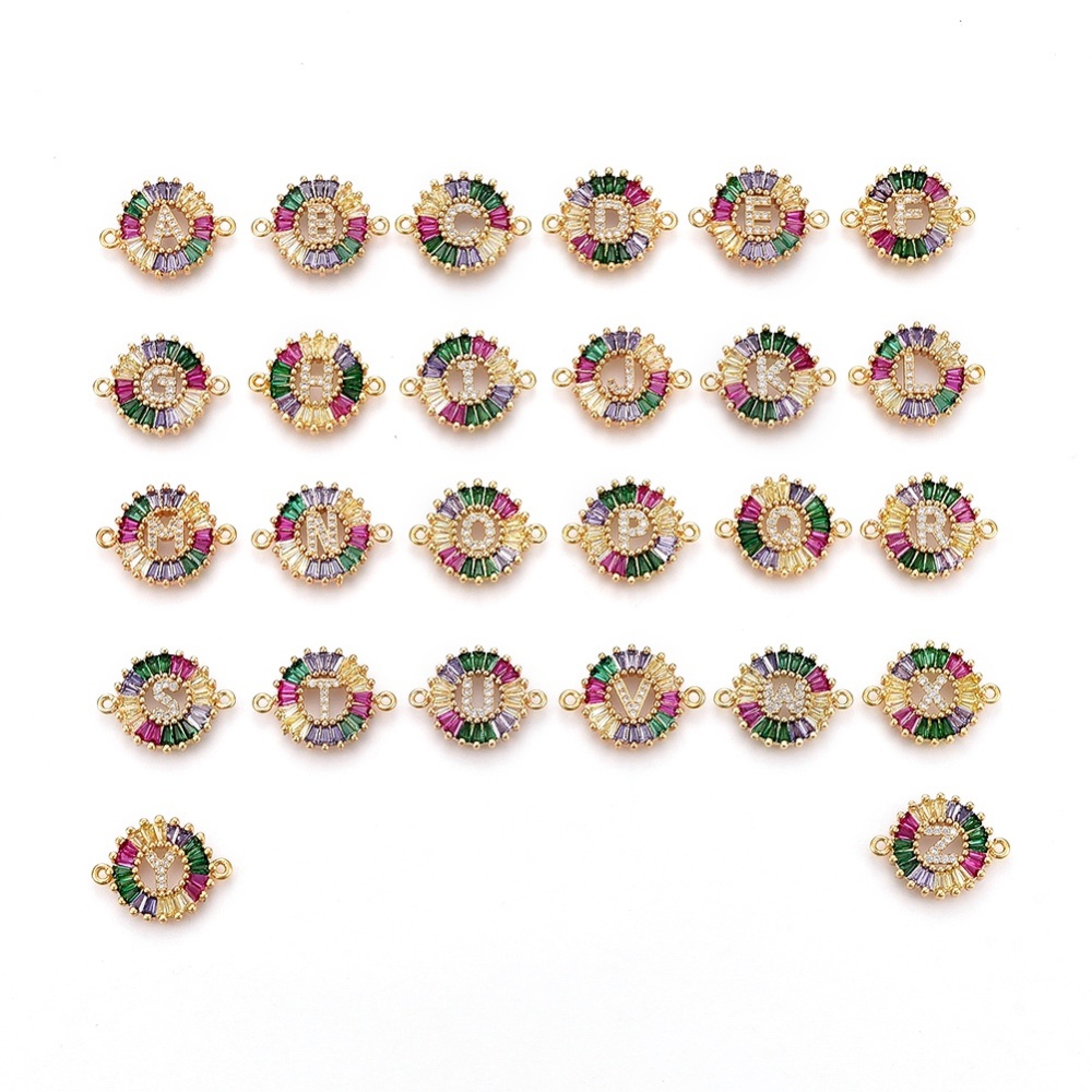 PandaHall Brass Micro Pave Cubic Zirconia Links, Flat Round with Alphabet, Colorful, Golden, Mixed, 15.5x20.5x2mm, Hole: 1.2mm Brass+Cubic... PandaHall Brass Micro Pave Cubic Zirconia Links, Flat Round with Alphabet, Colorful, Golden, Mixed, 15.5x20.5x2mm, Hole: 1.2mm Brass+Cubic...