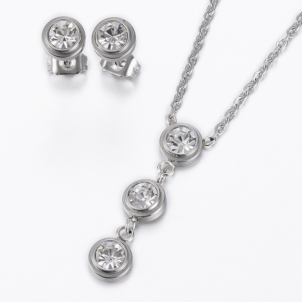 PandaHall 304 Stainless Steel Jewelry Sets, Stud Earrings and Pendant Necklaces, with Rhinestone, Flat Round, Stainless Steel Color, 17.72 PandaHall 304 Stainless Steel Jewelry Sets, Stud Earrings and Pendant Necklaces, with Rhinestone, Flat Round, Stainless Steel Color, 17.72