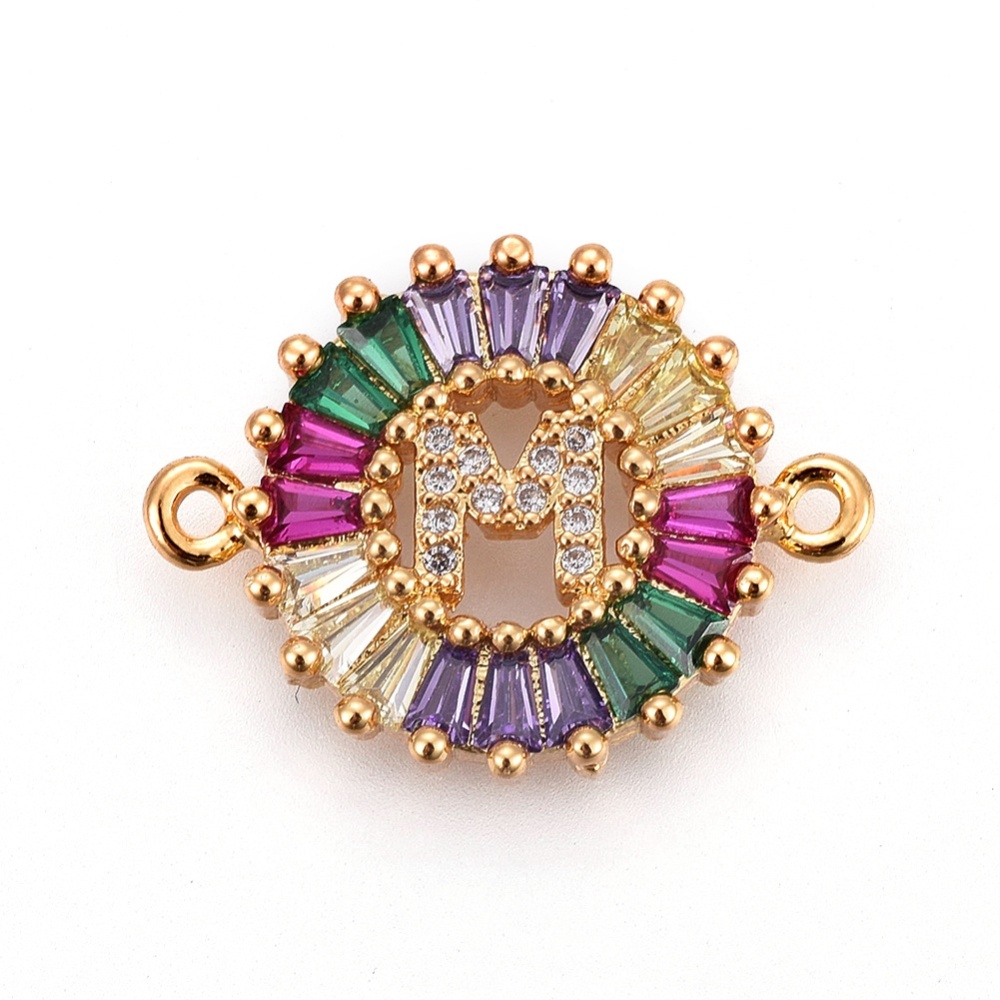 PandaHall Brass Micro Pave Cubic Zirconia Links, Flat Round with Alphabet, Colorful, Golden, Letter.M, 15.5x20.5x2mm, Hole: 1.2mm... PandaHall Brass Micro Pave Cubic Zirconia Links, Flat Round with Alphabet, Colorful, Golden, Letter.M, 15.5x20.5x2mm, Hole: 1.2mm...