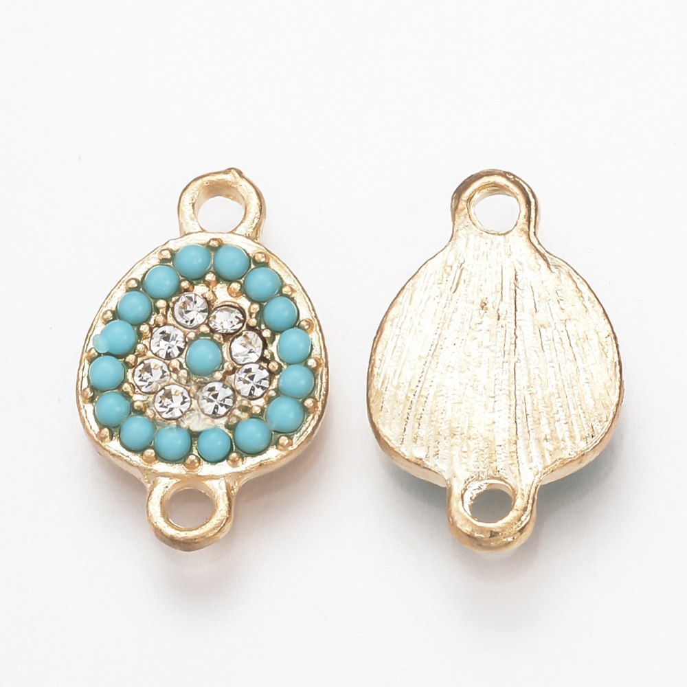 PandaHall Alloy Rhinestone Links, with Resin, Drop, Turquoise, Light Gold, 17x11x2.5mm, Hole: 1.5mm Alloy+Rhinestone Drop Green