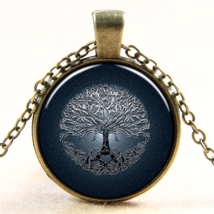PandaHall Tree Of Life Pattern Flat Round Glass Pendant Necklaces, with Alloy Chains, Antique Bronze, 18" Alloy