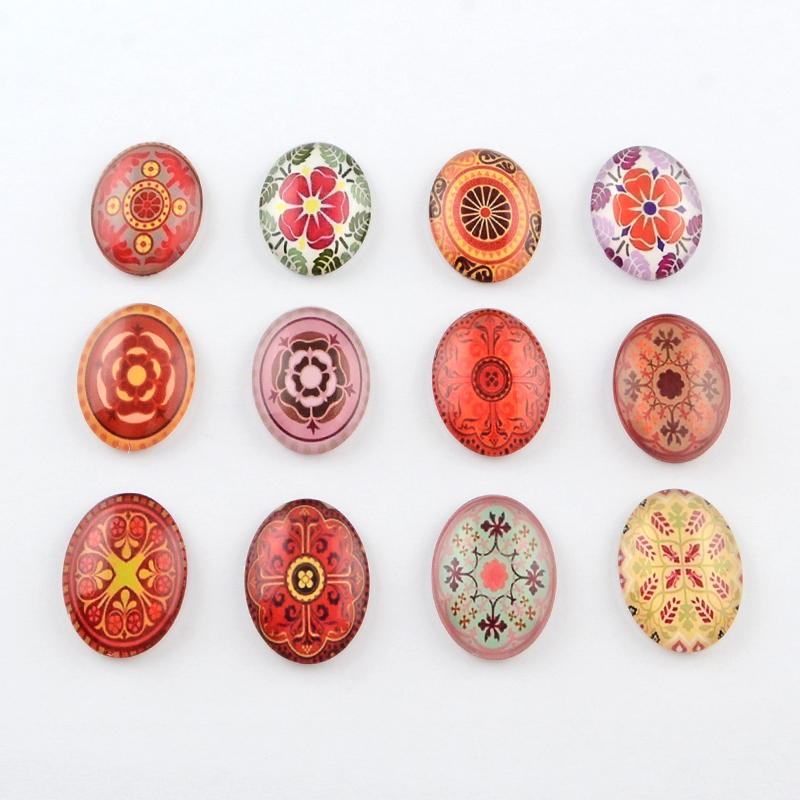 PandaHall Flower Pattern Glass Oval Flatback Cabochons for DIY Projects, Mixed Color, 25x18x5mm Glass Oval Multicolor