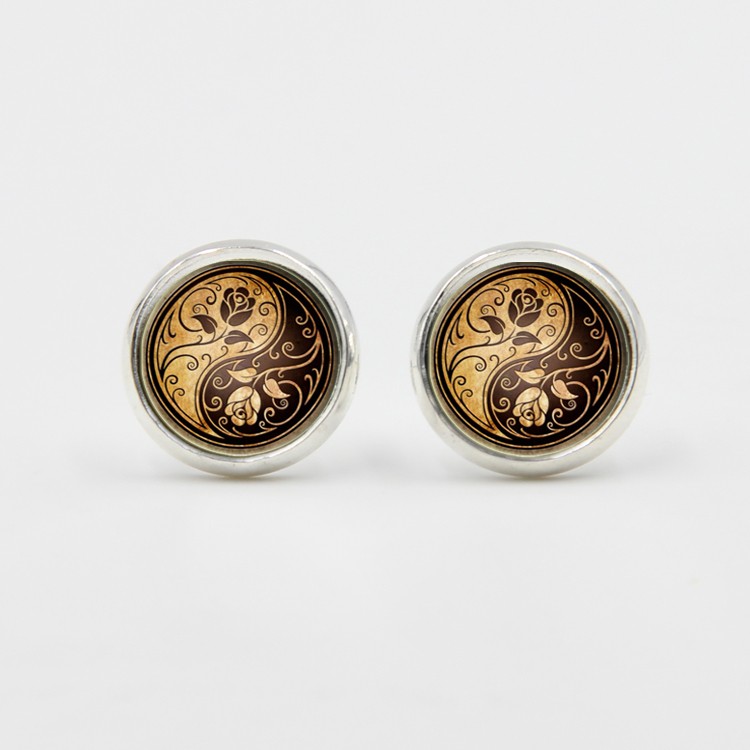 PandaHall Glass Stud Earrings, with Brass Findings, Flat Round with Yin Yang & Rose, Orange, 14x5mm, Pin: 0.7mm Glass Silver