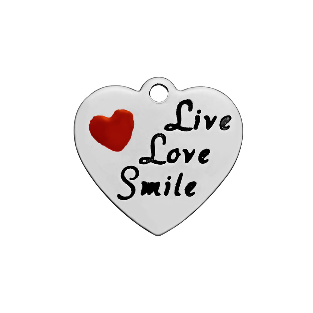 PandaHall 304 Stainless Steel Enamel Pendants, Heart with Word Live Love Smile, Black, 17x18x1mm, Hole: 1.5mm Stainless Steel+Enamel Heart...