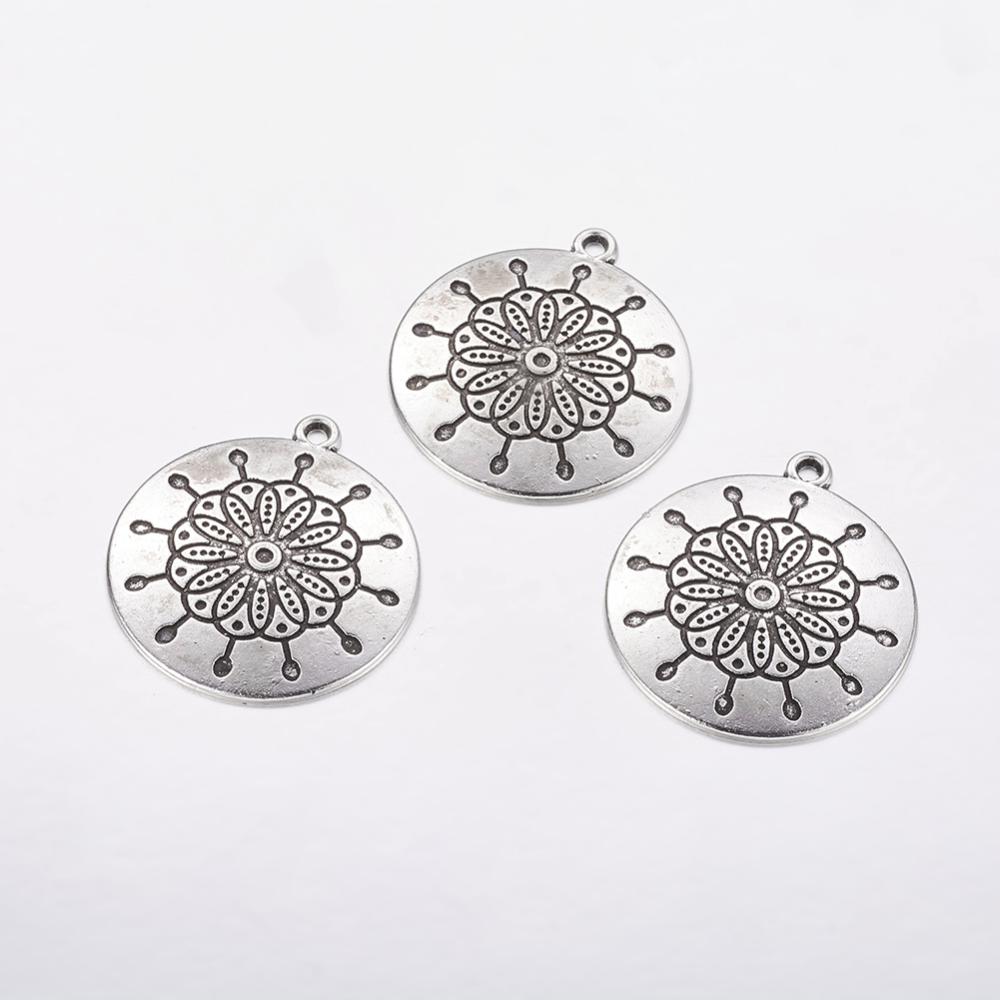 PandaHall Tibetan Style Alloy Flat Round Carved Flower Pendants, Cadmium Free & Lead Free, Antique Silver, 38x34x2mm Alloy Flat Round