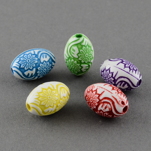 PandaHall Colorful Acrylic Beads, Craft Style Washed Beads, Oval with Flower Pattern, Mixed Color, 16x10mm, Hole: 2mm; about 520pcs/500g...