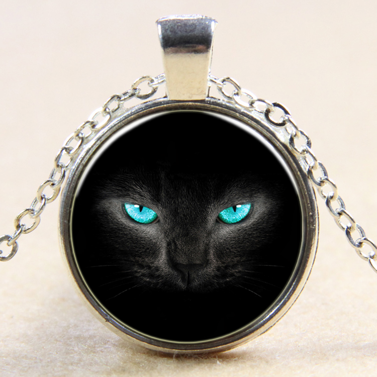 PandaHall Cat Pattern Flat Round Glass Pendant Necklaces, with Alloy Chains, Silver, 18" Alloy
