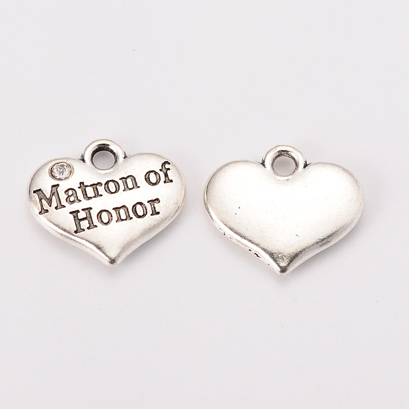 PandaHall Wedding Theme Antique Silver Tone Tibetan Style Heart with Matron of Honor Rhinestone Charms, Crystal, 14x16x3mm, Hole: 2mm Alloy...