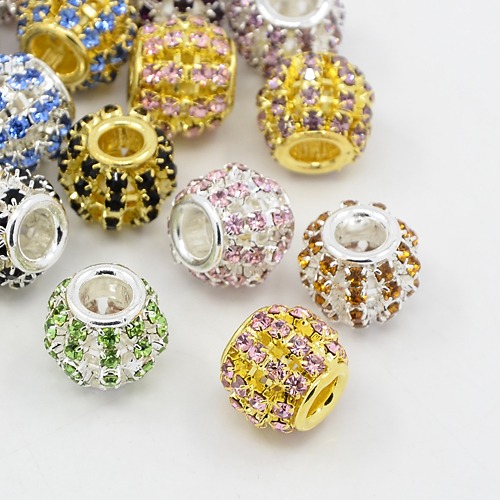 PandaHall Brass Rhinestone European Beads, Large Hole Beads, Rondelle, Mixed Color, 12x10mm, Hole: 4mm Rondelle