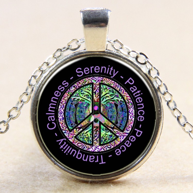PandaHall Flat Round with Peace Sign Glass Alloy Pendant Necklaces, Silver, 17.7" Glass