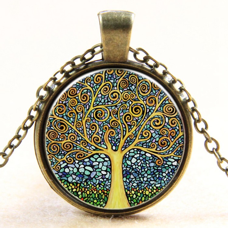 PandaHall Flat Round with Tree Glass Alloy Pendant Necklaces, Antique Bronze, 17.7" Glass