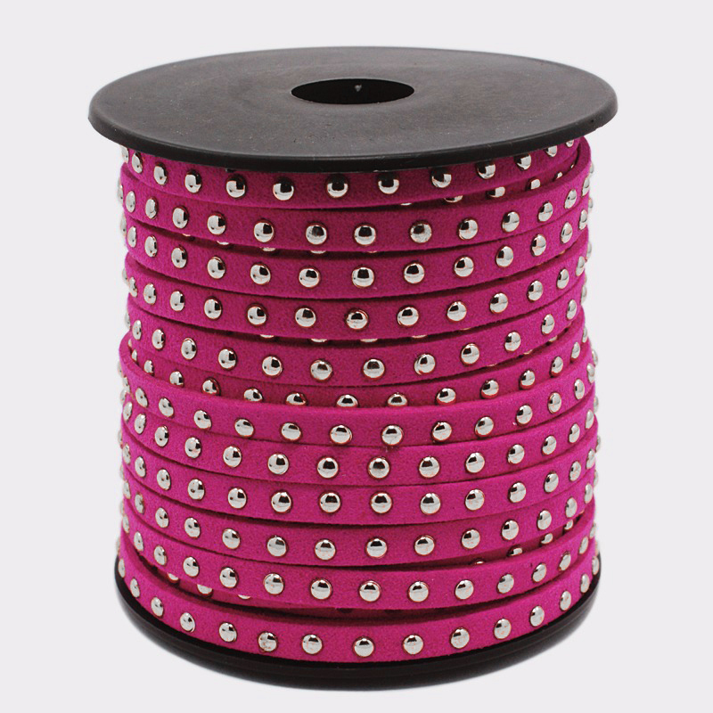 PandaHall Silver Aluminum Studded Korea Faux Suede Cord, Faux Suede Lace, Cerise, 5x2mm; about 20yards/roll Suede Red