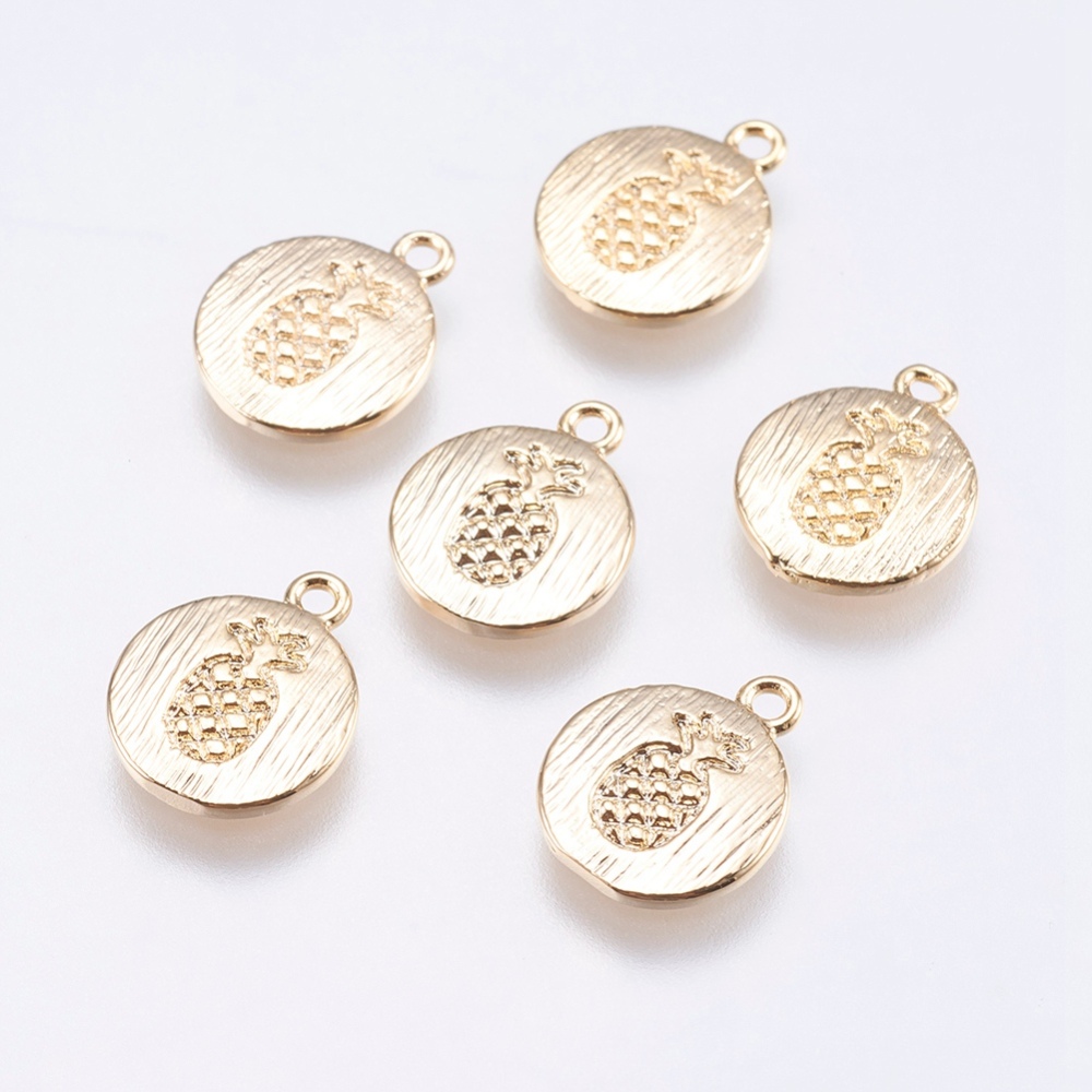 PandaHall Brass Charms, Flat Round with Pineapple, Real Gold Plated, 11.5x9.5x1mm, Hole: 1.2mm Brass Flat Round