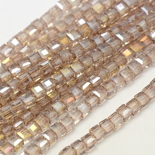 PandaHall Electroplate Glass Bead Strands, AB Color Plated, Faceted, Cube, Linen, 4x4x4mm, Hole: 1mm; about 98pcs/strand, 15.7" Cube Brown