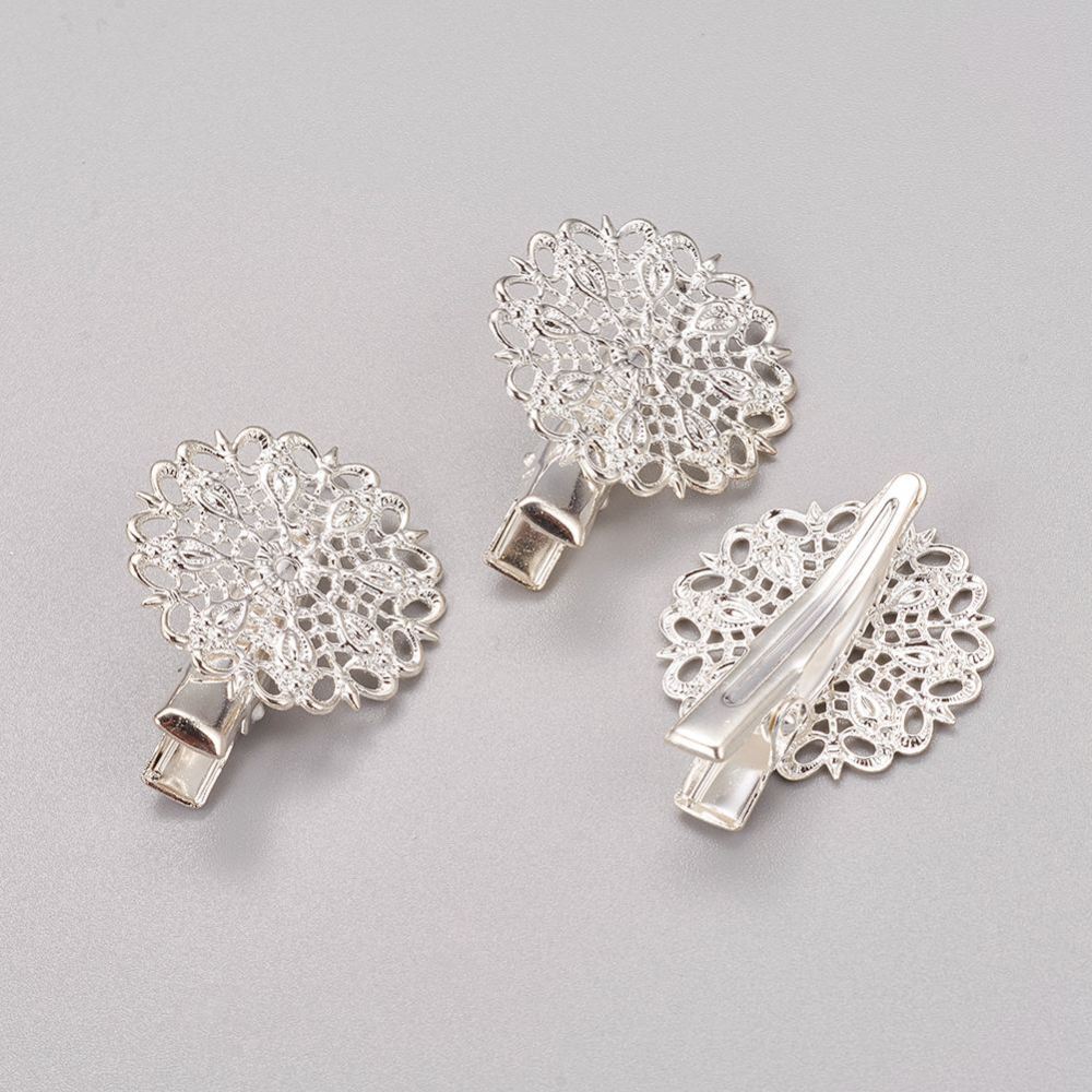 PandaHall Silver Iron Alligator Hair Clip Findings, with Filigree Brass Tray, 25x32x10mm Brass Silver