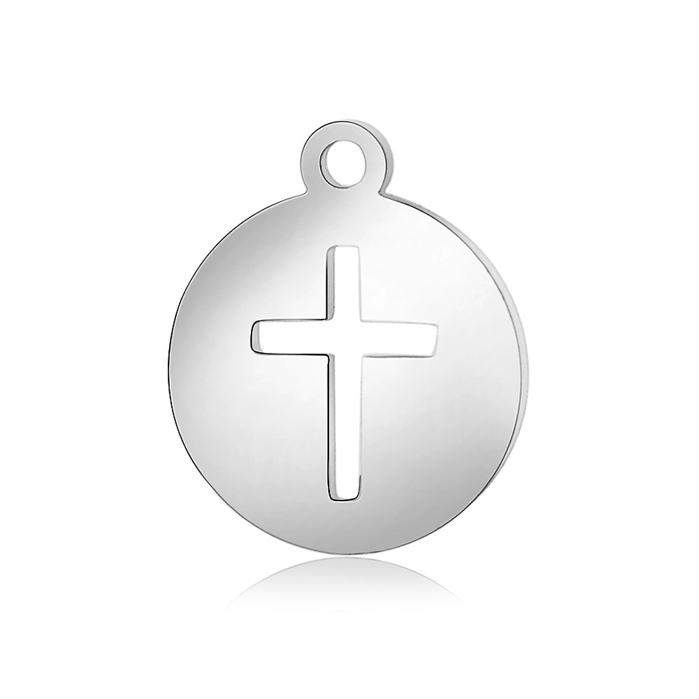 PandaHall 304 Stainless Steel Charms, Flat Round with Cross, Stainless Steel Color, 14x12x1mm, Hole: 1.5mm Stainless Steel Flat Round