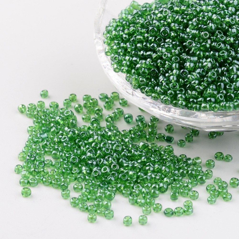PandaHall Round Glass Seed Beads, Trans. Colours Lustered, Green, Size: about 2mm in diameter, hole: 1mm; about 3306pcs/50g Glass Green