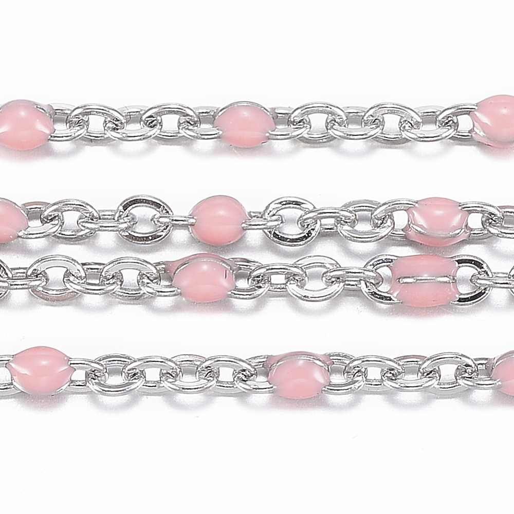 PandaHall 304 Stainless Steel Cable Chains, with Spool, with Enamel, Stainless Steel Color, Pink, Links: 2x1.5x0.5mm; 10m/Roll Stainless...