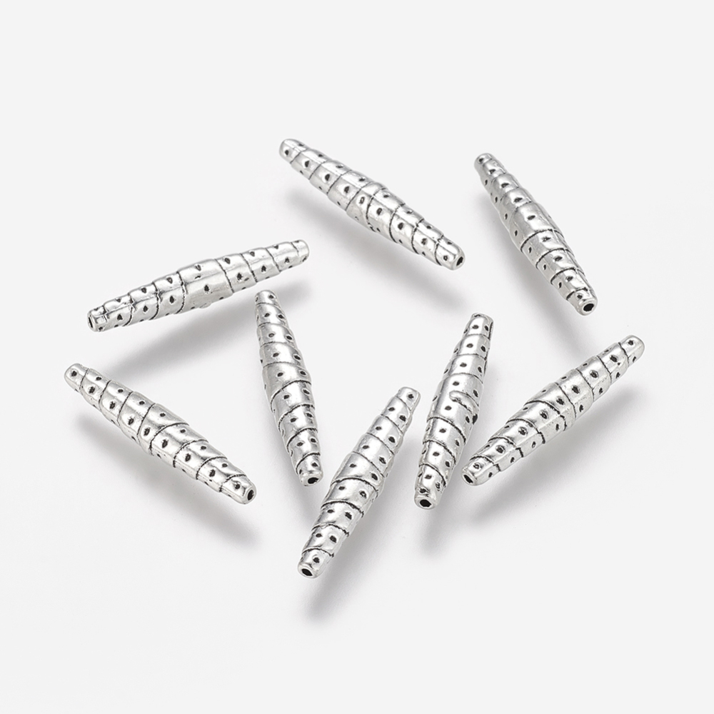 PandaHall Tibetan Silver Beads, Lead Free & Cadmium Free, Shuttle, Antique Silver, about 25mm long, 5mm wide, hole: 1mm Alloy Bicone