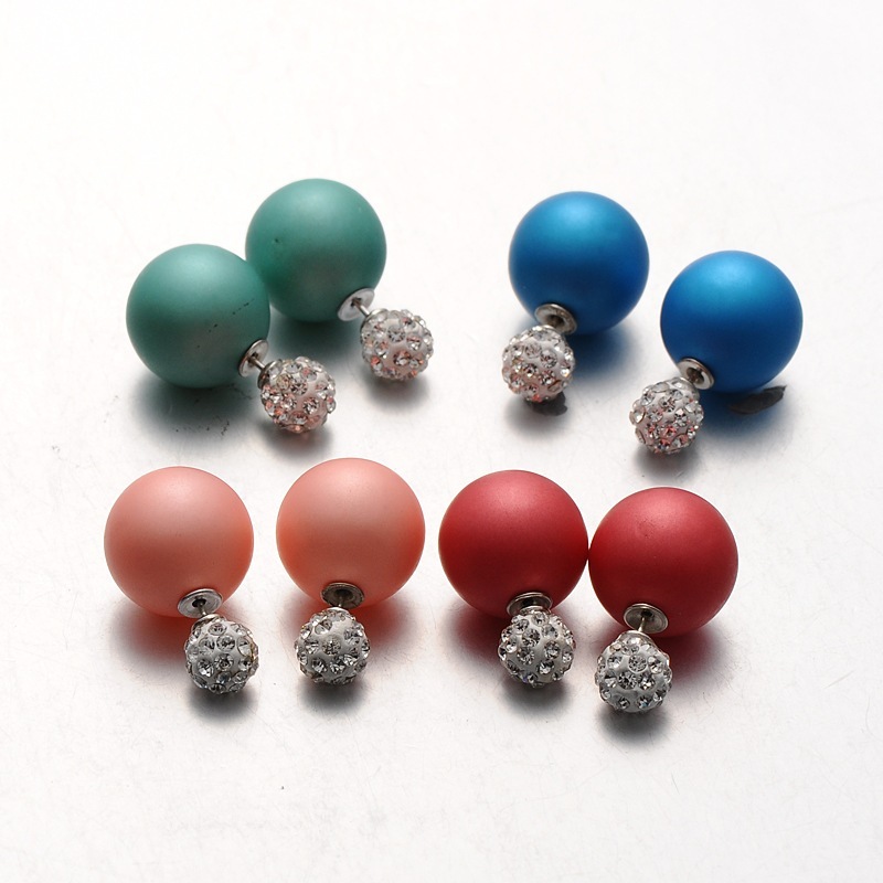 PandaHall Frosted Plastic Pearl with Polymer Clay Rhinestone Ball Stud Earrings, Mixed Color, 8~16mm, Pin: 0.8mm Plastic Multicolor