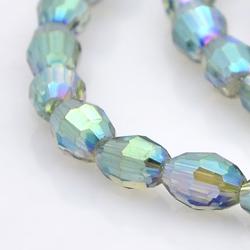 PandaHall Full Rainbow Plated Glass Faceted Rice Beads Strands, Aqua, 6x4mm, Hole: 1mm; about 72pcs/strand, 16" Glass Rice Cyan