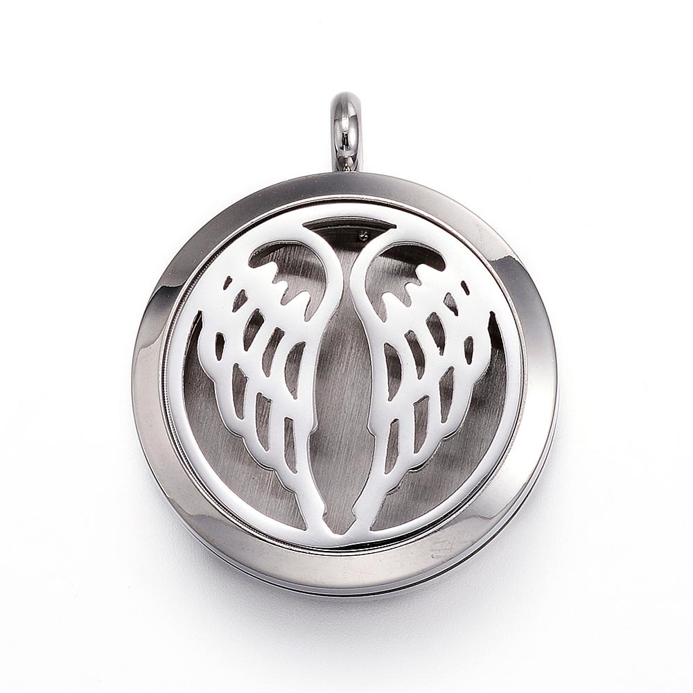 PandaHall 316 Stainless Steel Diffuser Locket Pendants, with Perfume Pad and Magnetic Clasps, Flat Round with Wings, Stainless Steel Color...