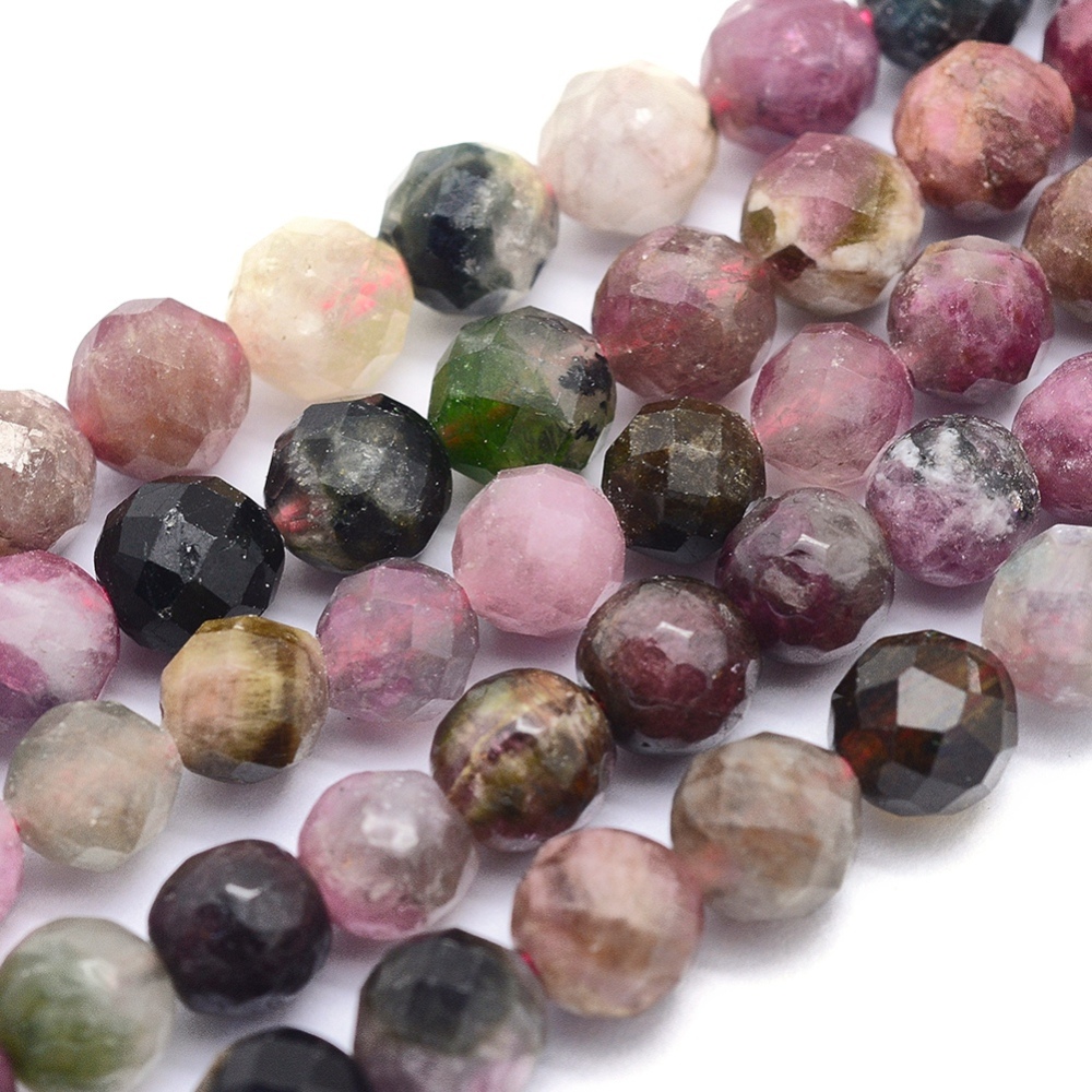 PandaHall Natural Tourmaline Beads Strands, Round, Faceted, 6mm, Hole: 0.8mm; about 61pcs/strand, 15.3"(39cm) Tourmaline Round