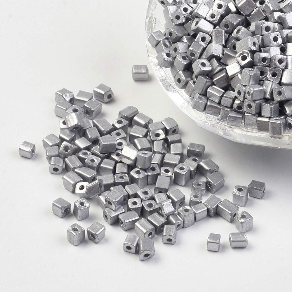 PandaHall Plated Glass Seed Beads, Round Hole, Cube, Silver Plated, 3~7x3x3mm, Hole: 0.5mm; about 500pcs/50g Glass Cube