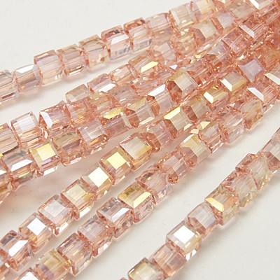 PandaHall Electroplate Glass Beads Strands, AB Color Plated, Faceted, Cube, MistyRose, 4x4x4mm, Hole: 1mm Glass Cube Red
