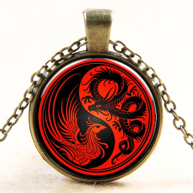 PandaHall Yin-Yang with Dragon and Phoenix Pattern Flat Round Glass Pendant Necklaces, with Alloy Chains, Antique Bronze, 18" Glass