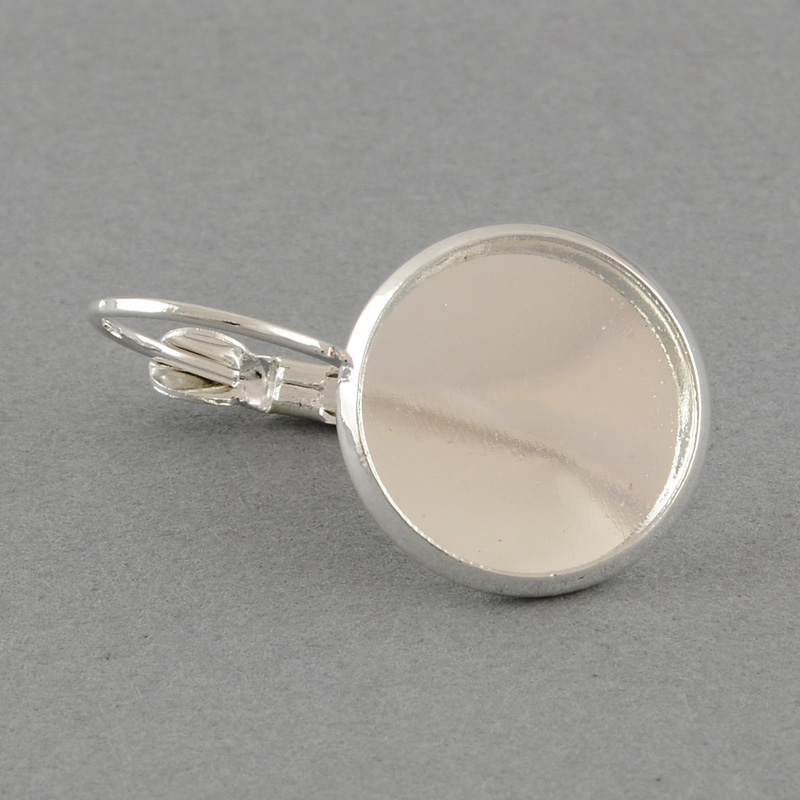 PandaHall Brass Leverback Earring Findings, with Flat Round Tray, Silver, Tray: 12mm; 26x14mm, pin: 0.7mm Brass Silver